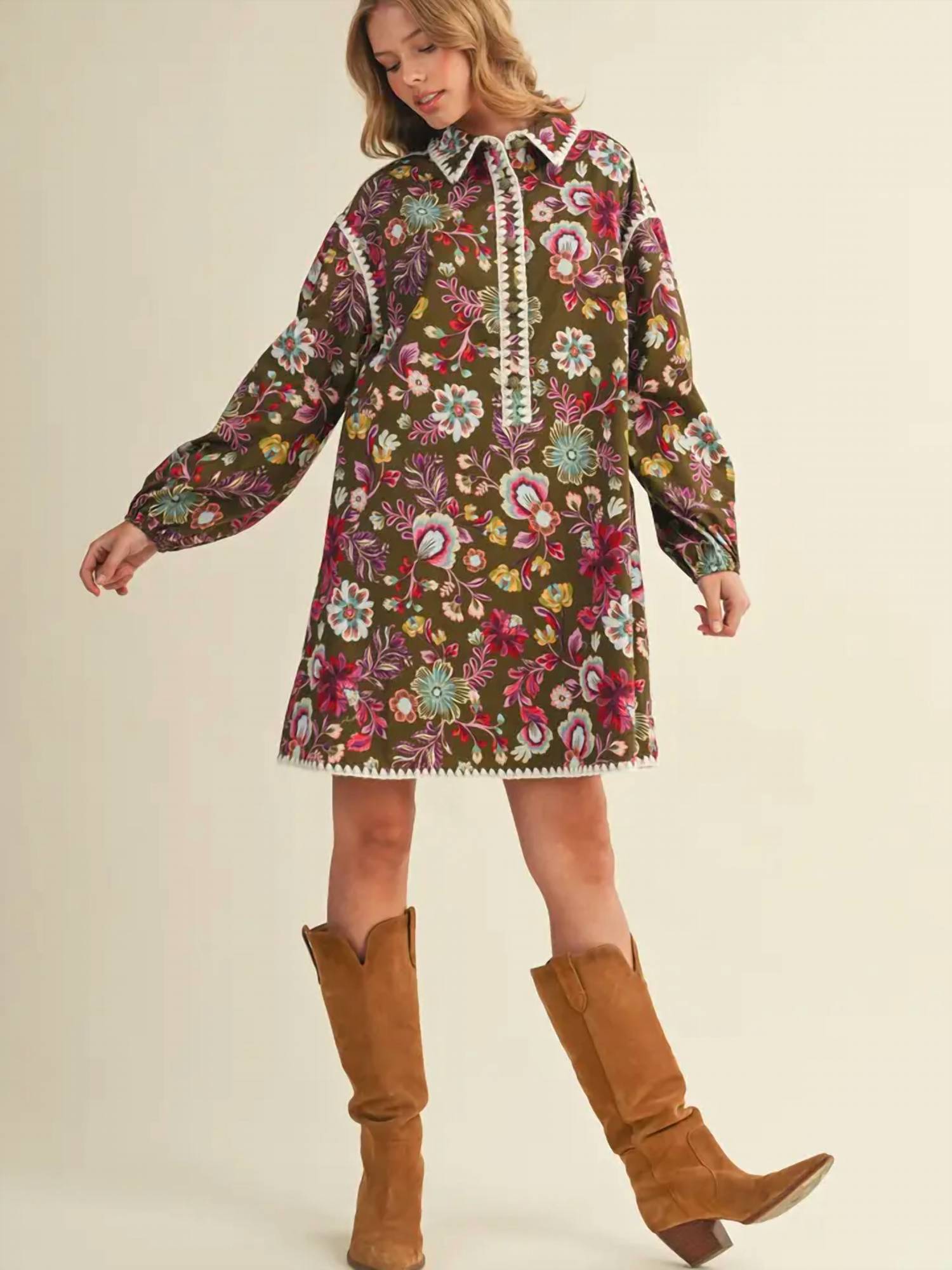 &Merci - Exclusive Print Blanket Stitch Buttoned Mini Dress