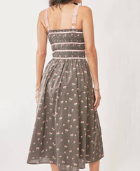 Davi & Dani - Contrast Velvet Tape Smocking Bodice Midi Dress