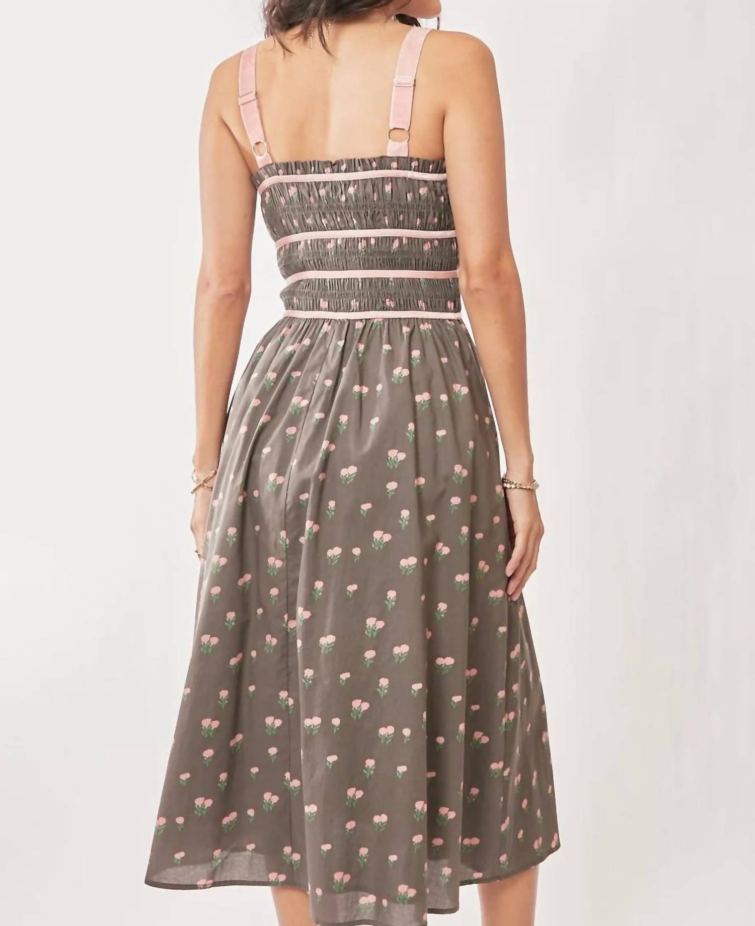 Davi & Dani - Contrast Velvet Tape Smocking Bodice Midi Dress