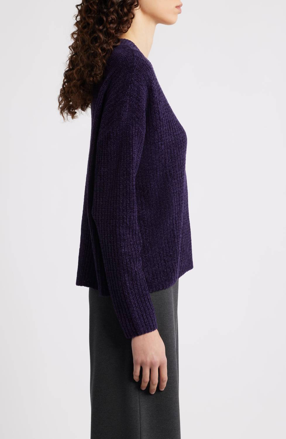 Eileen Fisher V-neck Stretch Cotton Sweater in aubergine - women's sweater - detail view
