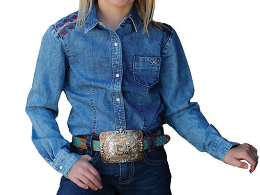 Cruel Girl - Girl's Denim Snap Long Sleeve Western Shirt