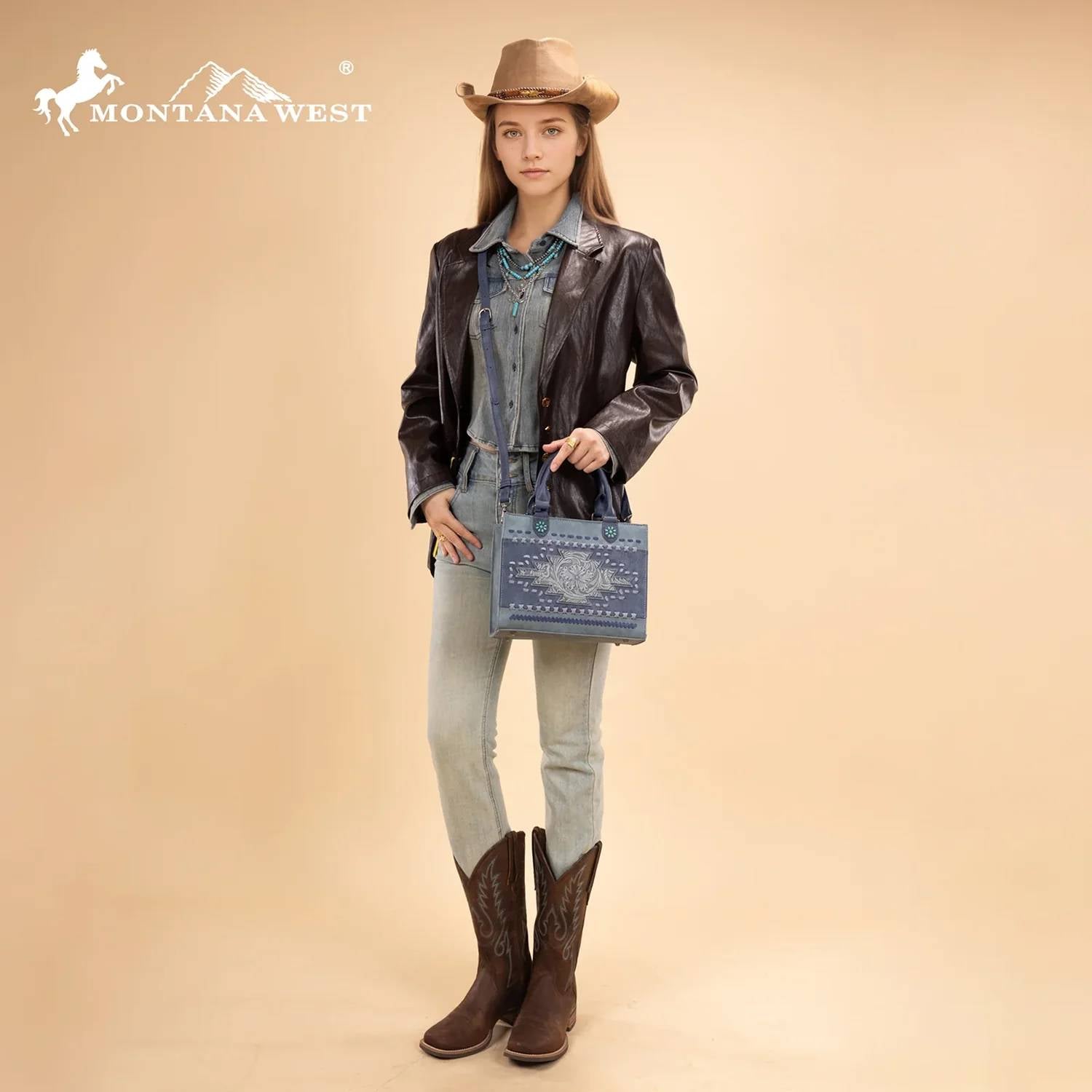 Montana West Western Tooled Aztec Tote in jean 1 - women's bag - alternate view