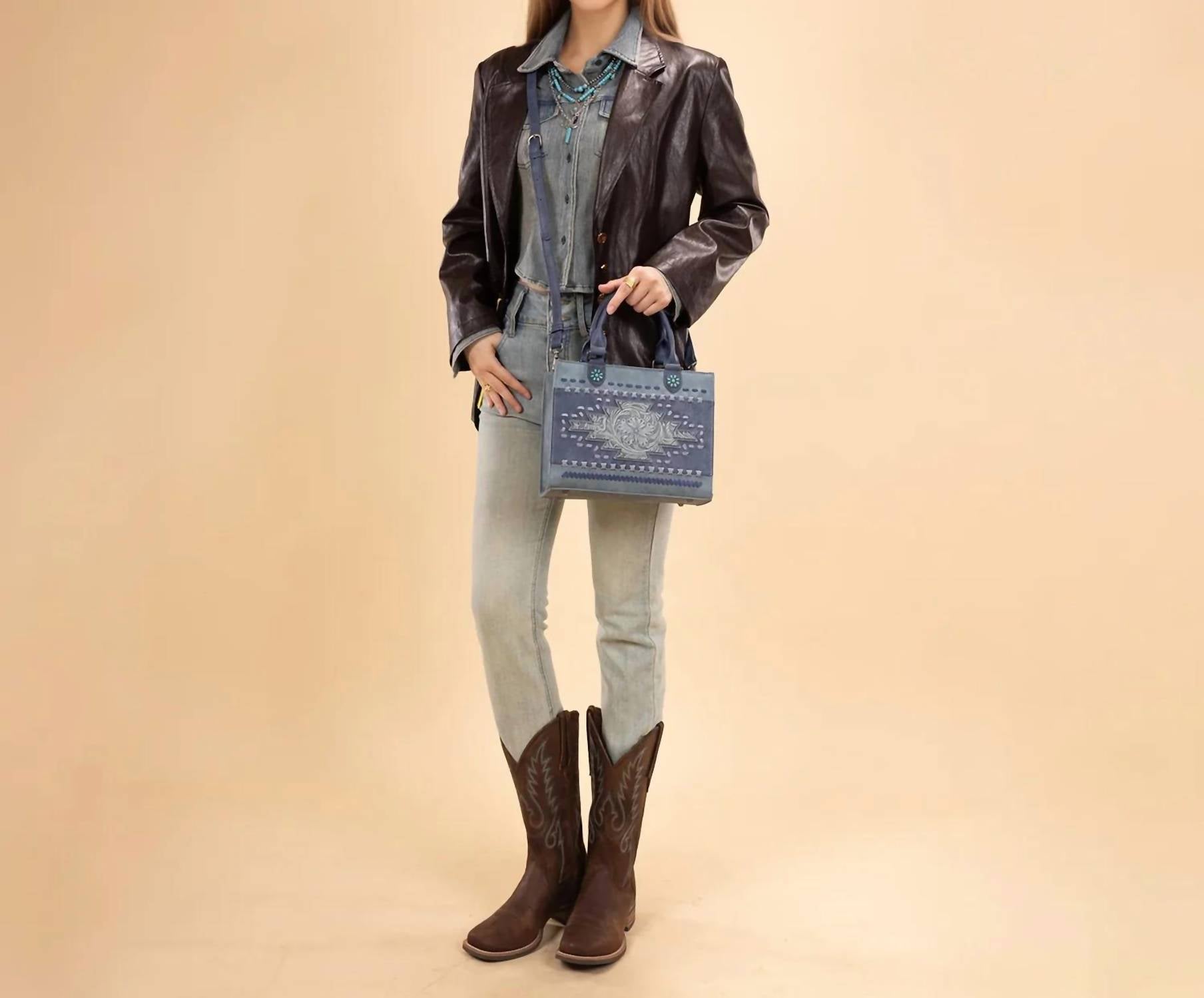 Montana West Western Tooled Aztec Tote in jean 1 - women's bag - detail view