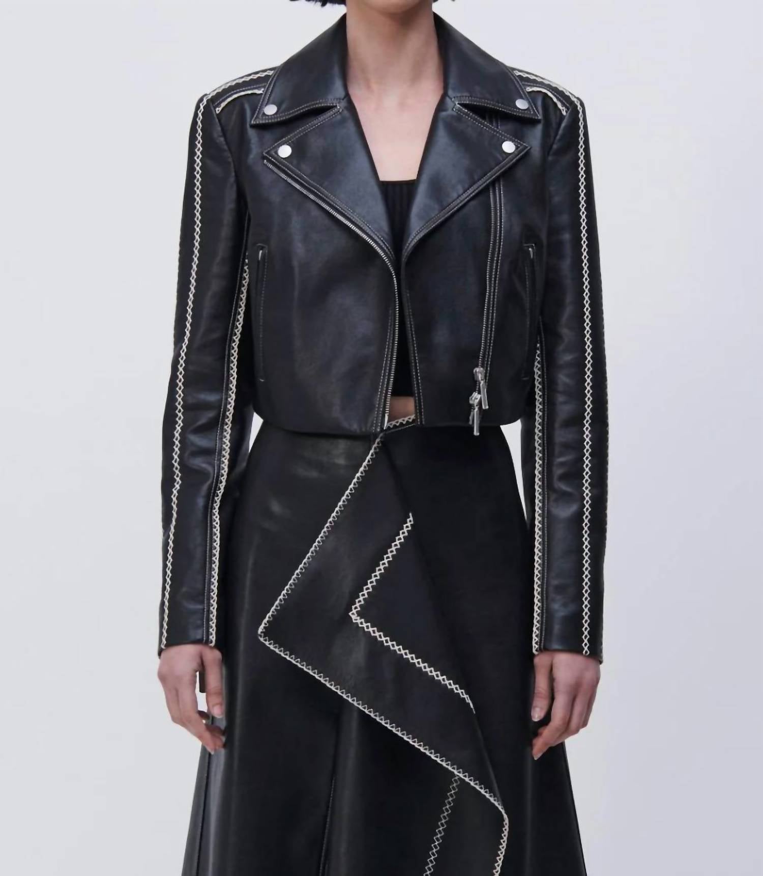 SIMKHAI Oslo Cropped Embroidered Biker Jacket in black - women's jacket