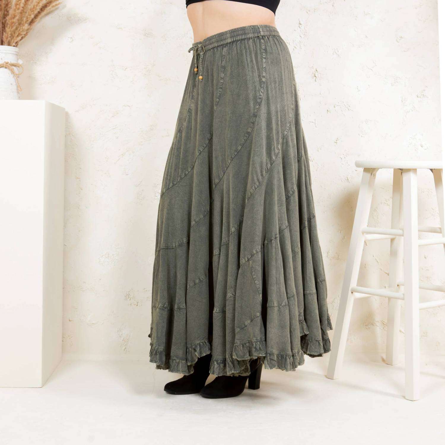 Young Threads Asymmetrical Maxi Skirt in olive gravel - women's skirt - alternate view