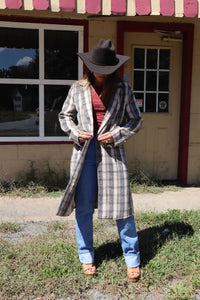 SAGE THE LABEL Orchard Plaid Long Coat in beige - women's jacket