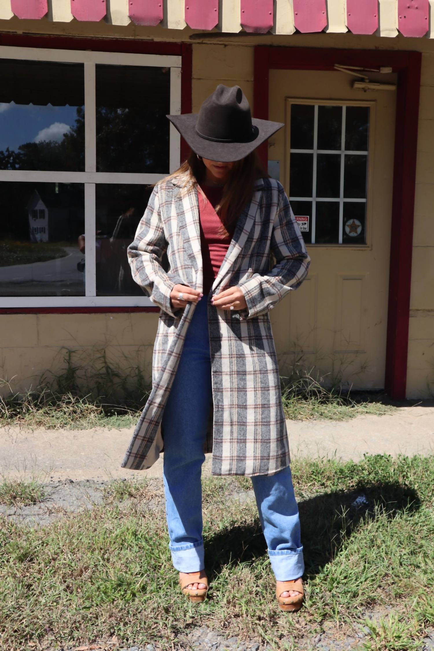 SAGE THE LABEL Orchard Plaid Long Coat in beige - women's jacket