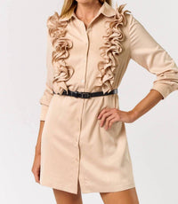 lalavon Satin Ruffle Detail Button Down Shirt Dress in champagne - women's dress - view 4