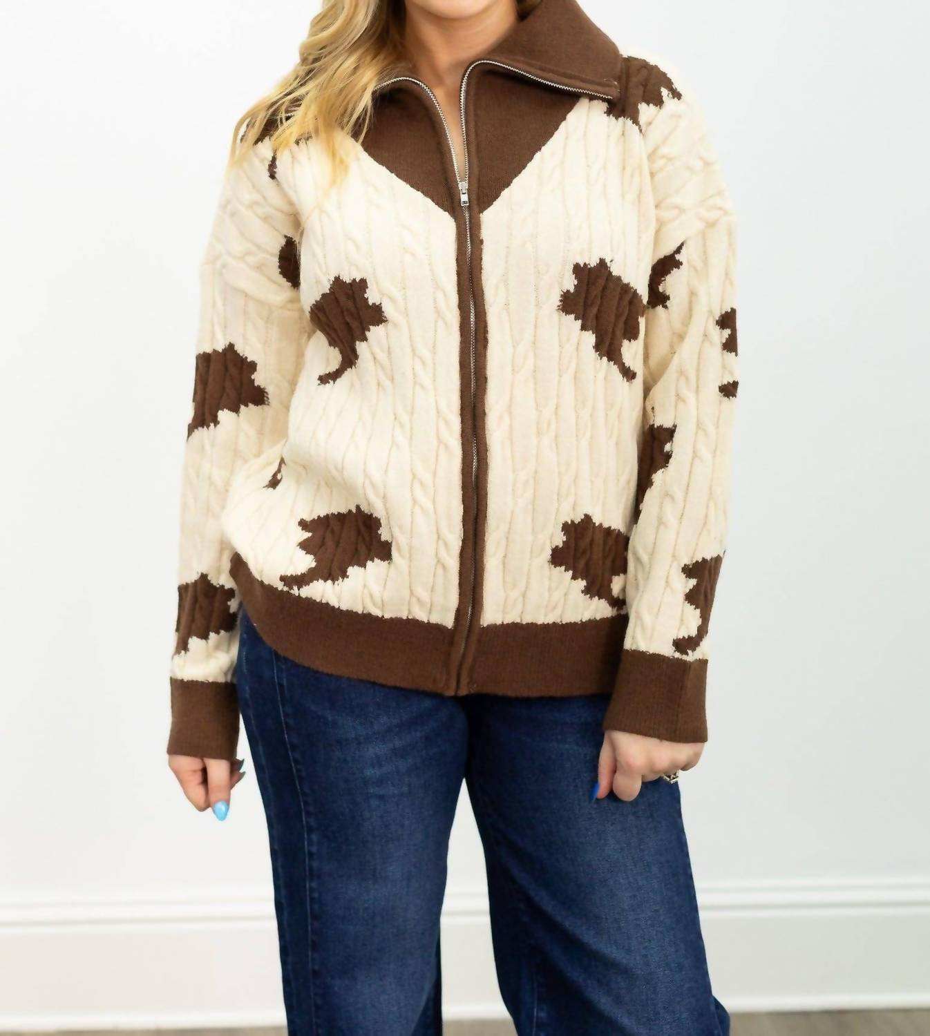 Southern Grace - Zip Cow Print Sweater
