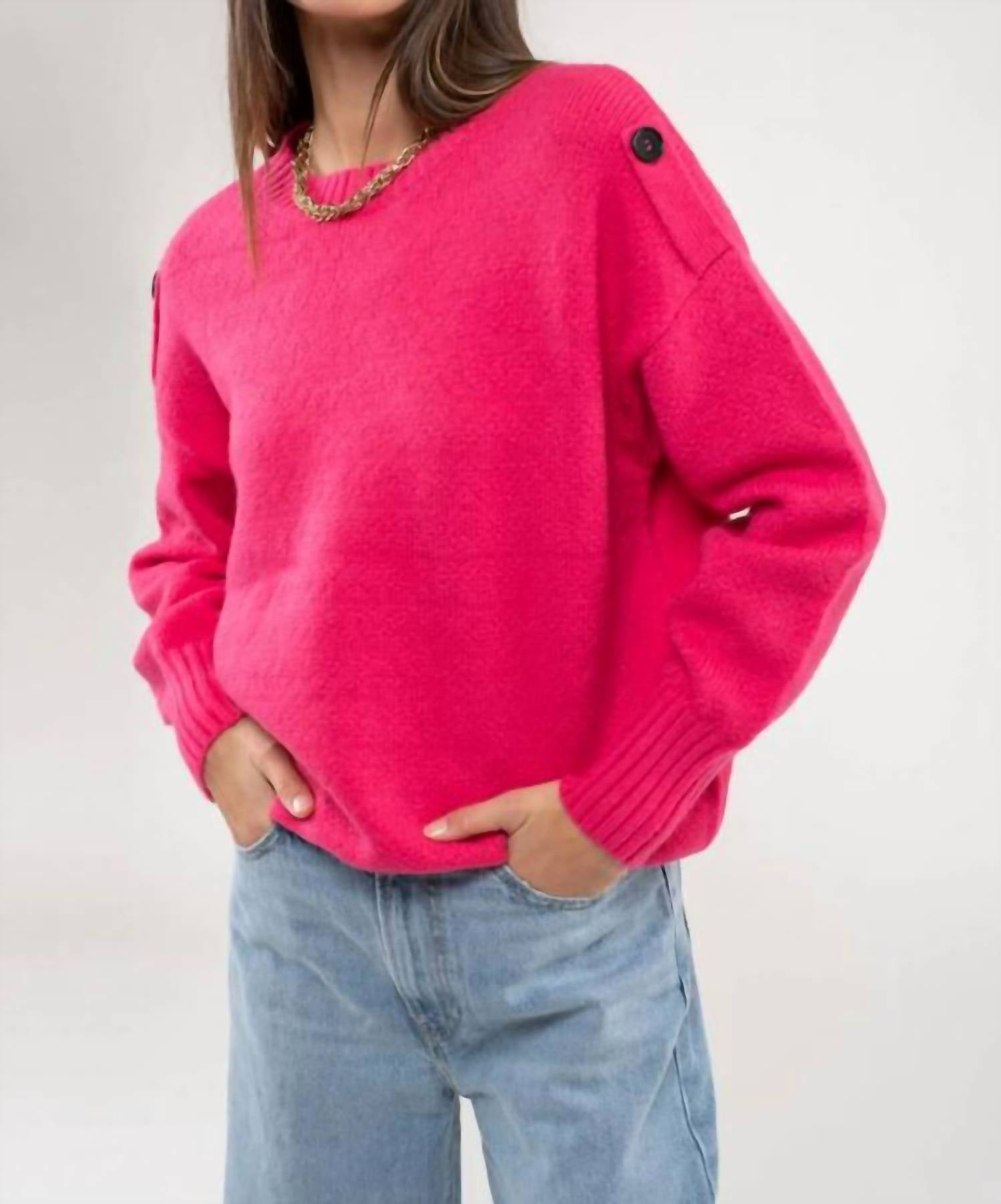 Blu Pepper Button Tab Shoulder Pullover Sweater in fuchsia - women's sweater