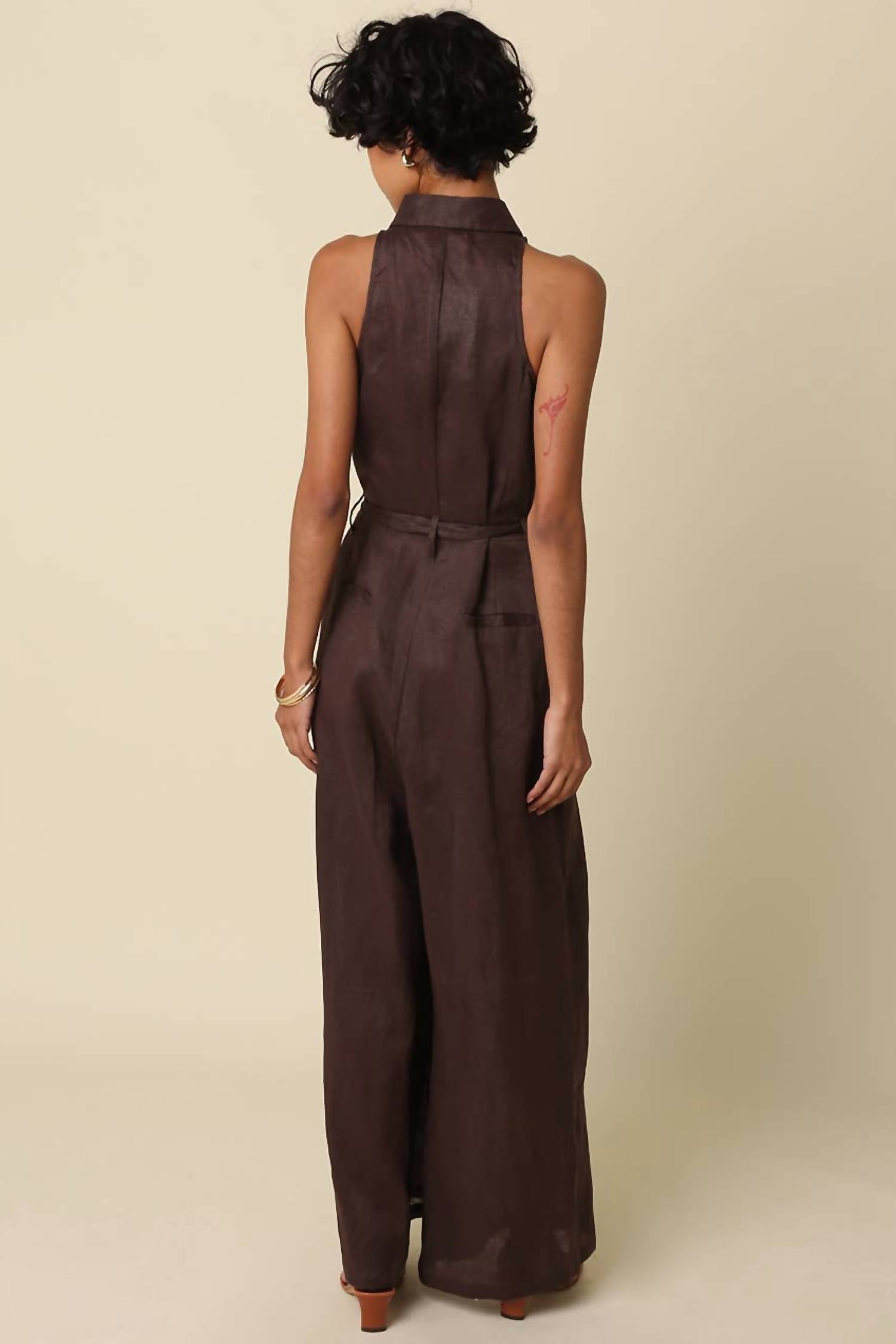 Olivaceous - Eve Utility Belted Linen Jumpsuit