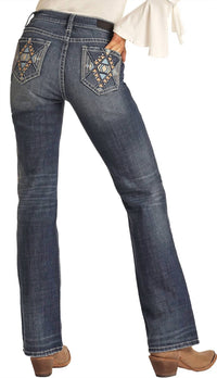 Rock & Roll Denim - Women's Mid Rise Stretch Leather Embroidered Bootcut Jeans