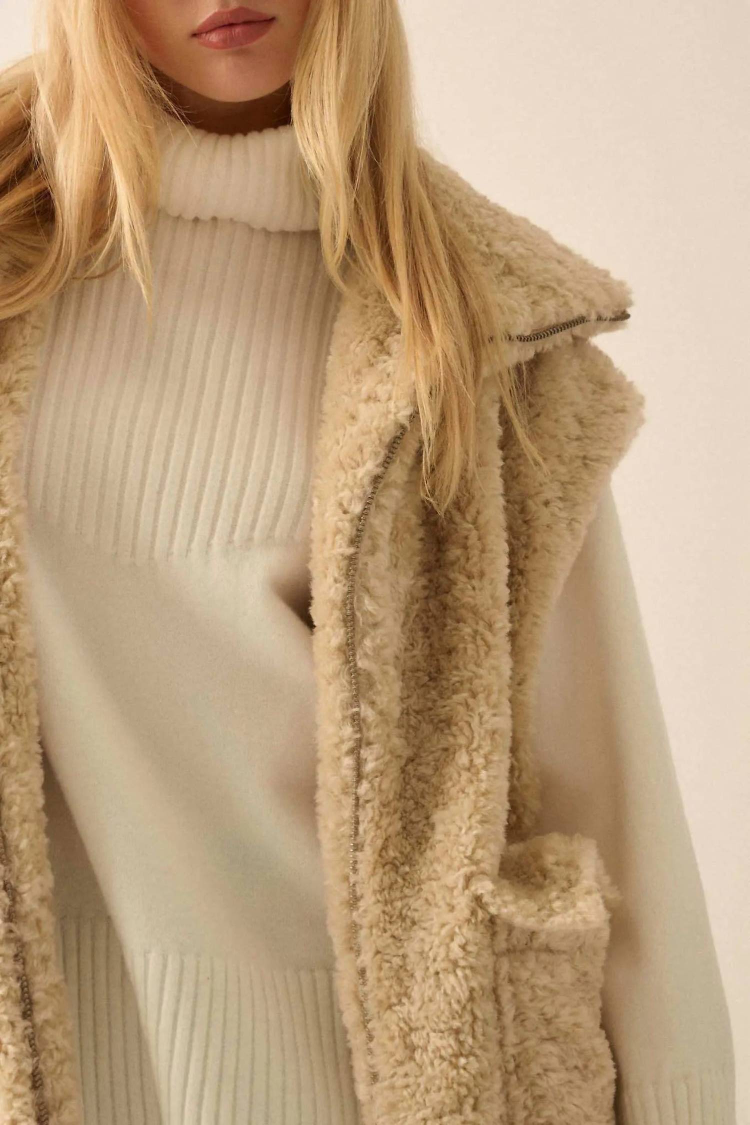 PROMESA Solid Faux Fur Zip Up Vest in oatmeal - women's jacket - alternate view