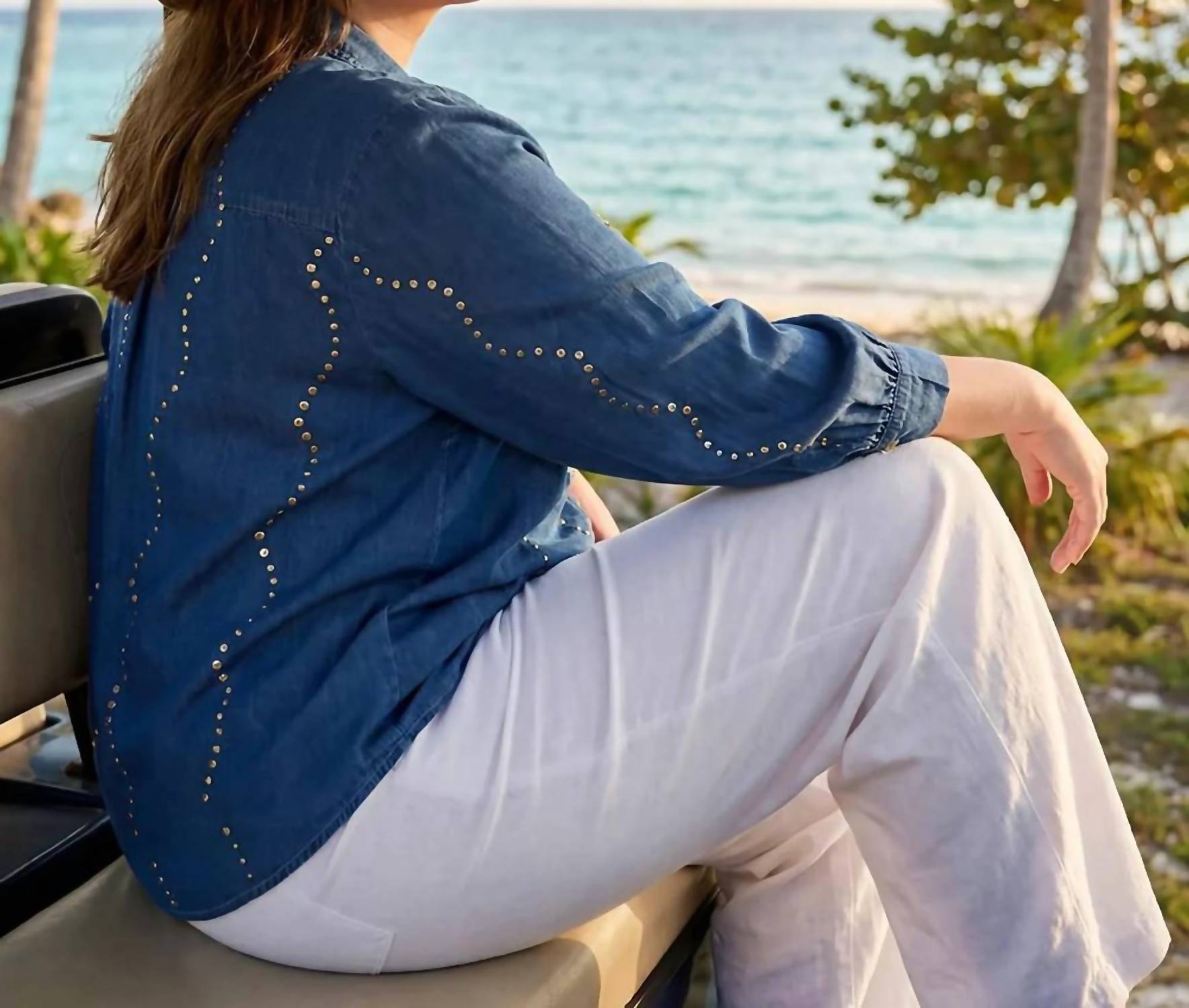 Karen Kane - Blouson Sleeve Gemstone Denim Shirt - Plus