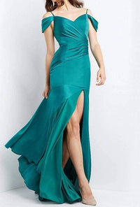 Jovani - Cold Shoulder Pleated Bodice High Slit Long Dress