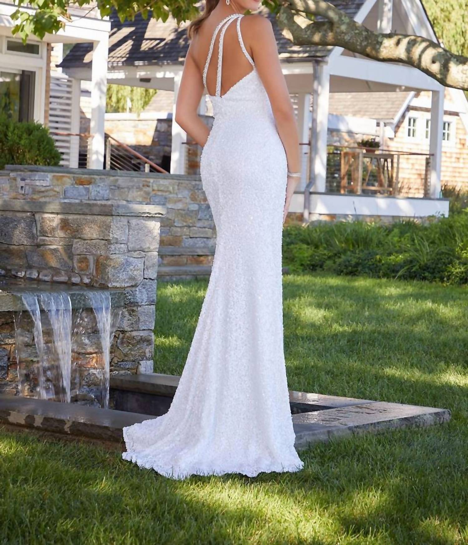 MORILEE One Shoulder Sheath Prom Dress in white - women's dress - detail view