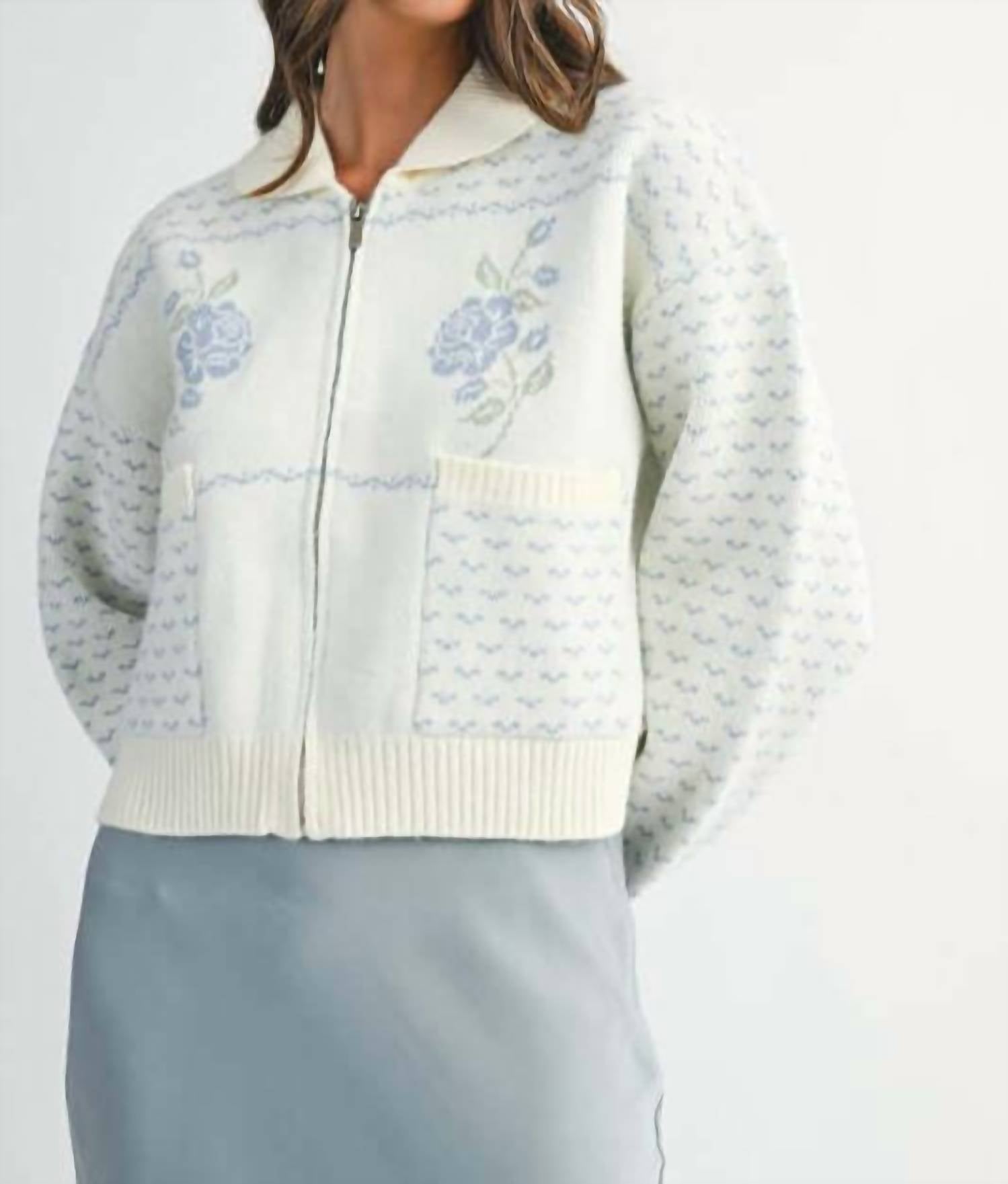 Mable - Audrey Rose Print Jacquard Knit Zip Up Cardigan Jacket