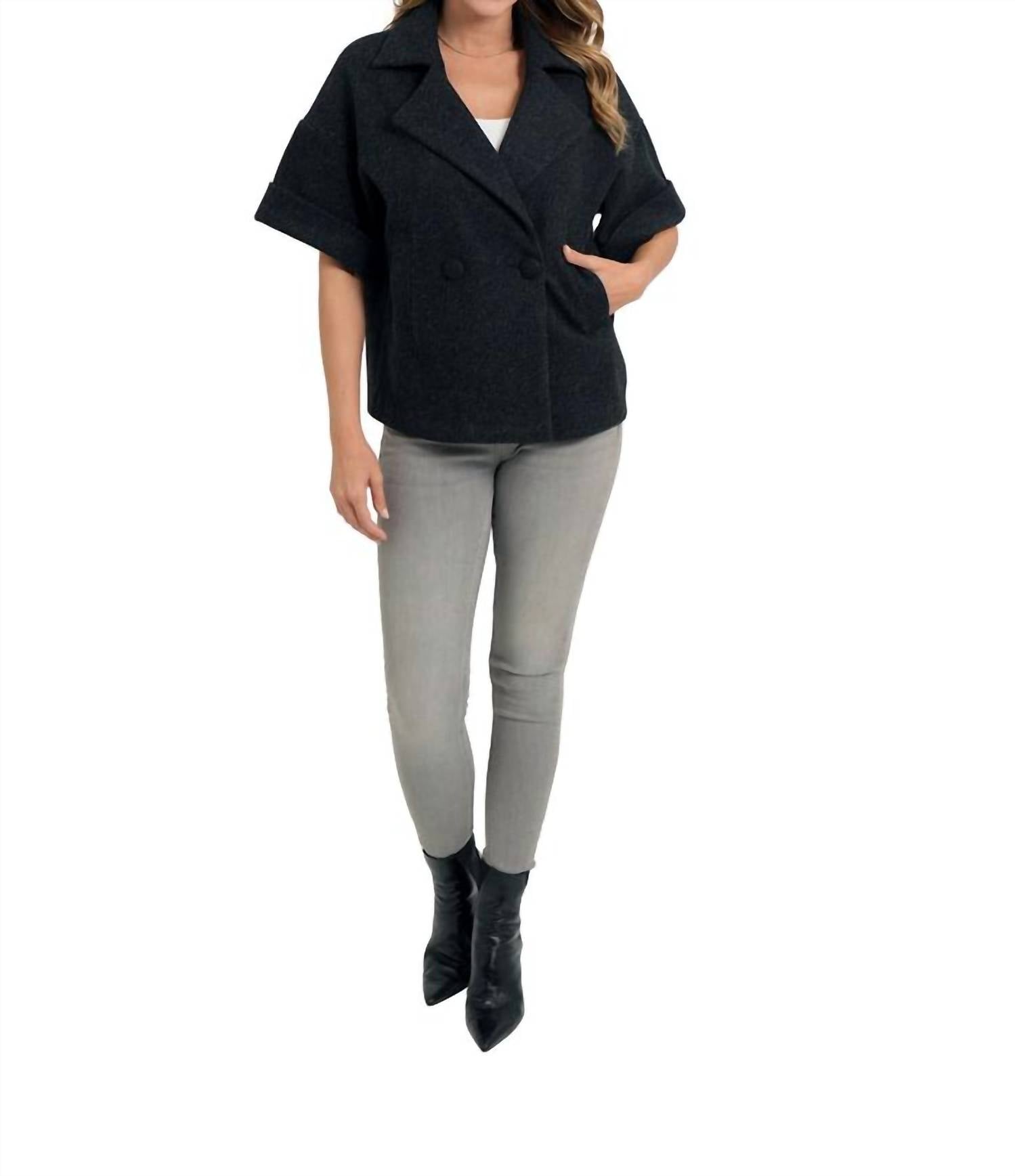 LOVE TOKEN Short Sleeve Boxy Jacket in black - women's jacket