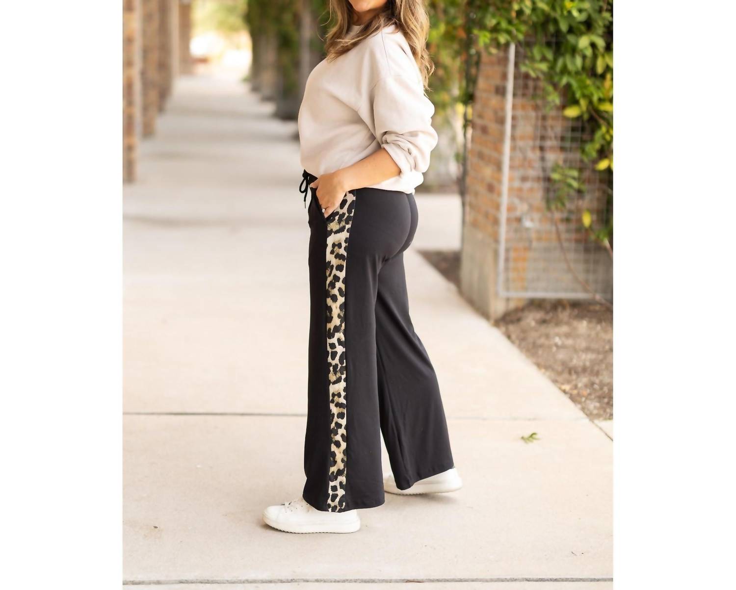 Julia Rose Chelsea Wide Leg With Leopard Panel Loungers in black - women's pants - alternate view
