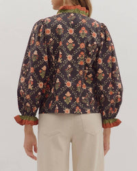 Entro - Floral Print Long Sleeve Top With Ruffle Trim