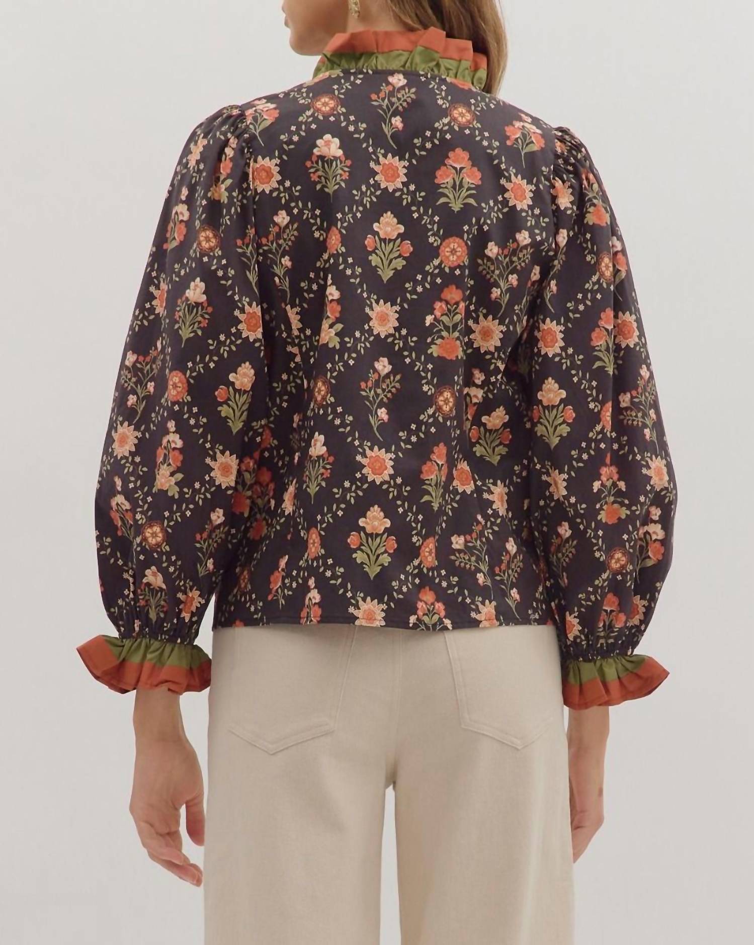 Entro - Floral Print Long Sleeve Top With Ruffle Trim
