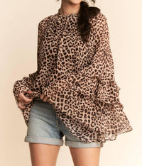 DAVI & DANI Vintage Ruffle Sleeve Boho Blouse in leopard brown - women's blouse