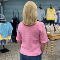 THML Short Sleeve Button Down Knitted Top in pink - women's blouse - detail view