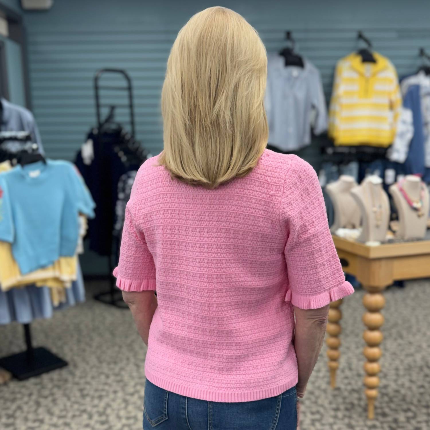 THML Short Sleeve Button Down Knitted Top in pink - women's blouse - detail view