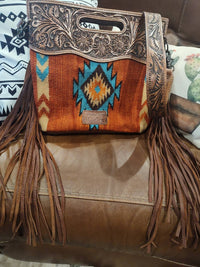 American Darling Tooled saddle blanket crossbody purse in burnt orange - women's bag - detail view
