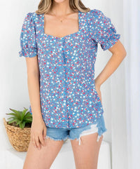 Zia Apparel - Floral Square Neckline Button Down Puffed Sleeve Top