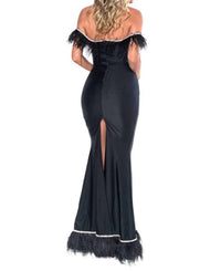 Jessica Angel - OFF SHOULDER SATIN GOWN WITH FEATHER TRIM