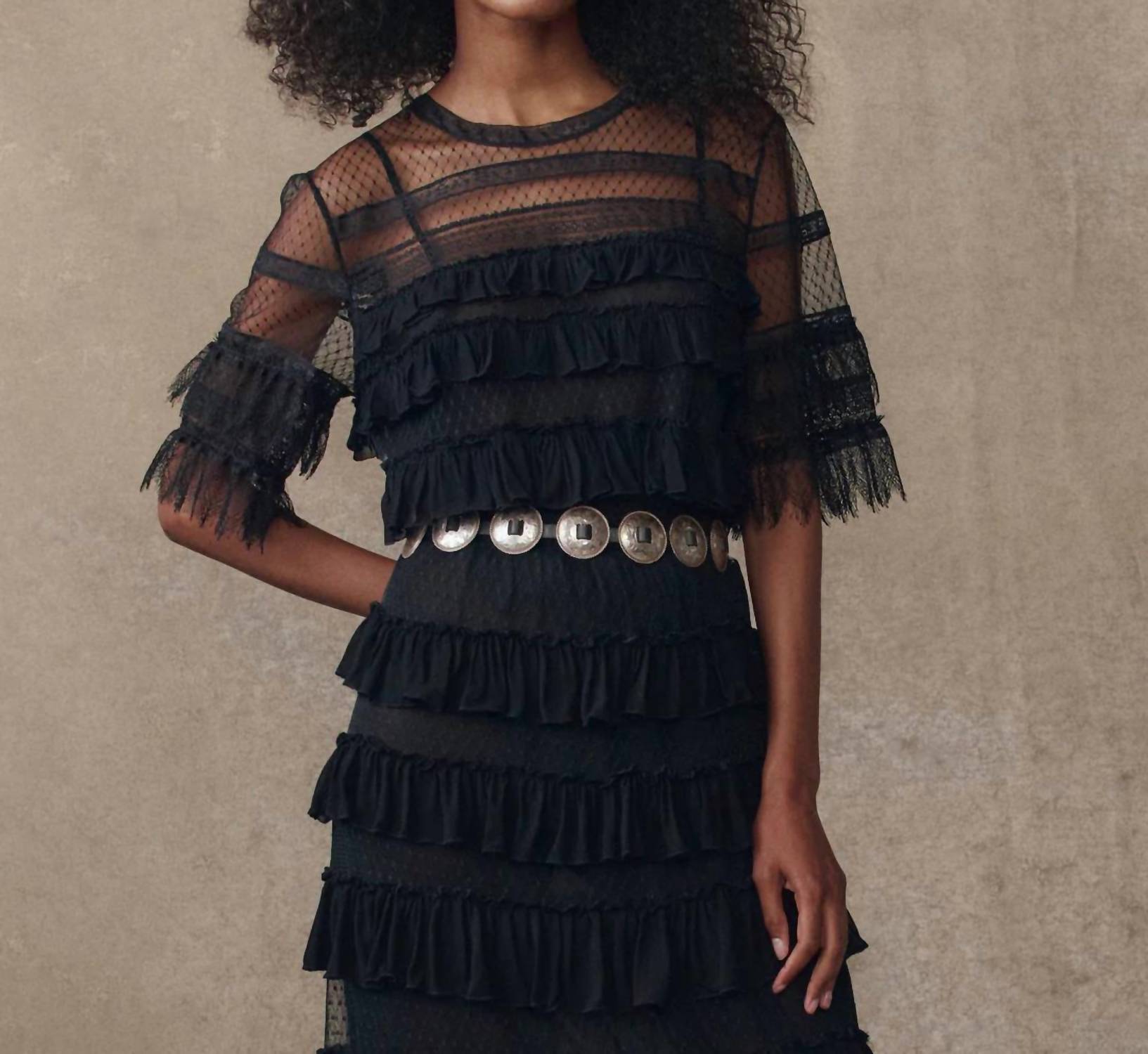 THE GREAT. Women's The Winter Mesh Flounce Top in black - women's blouse