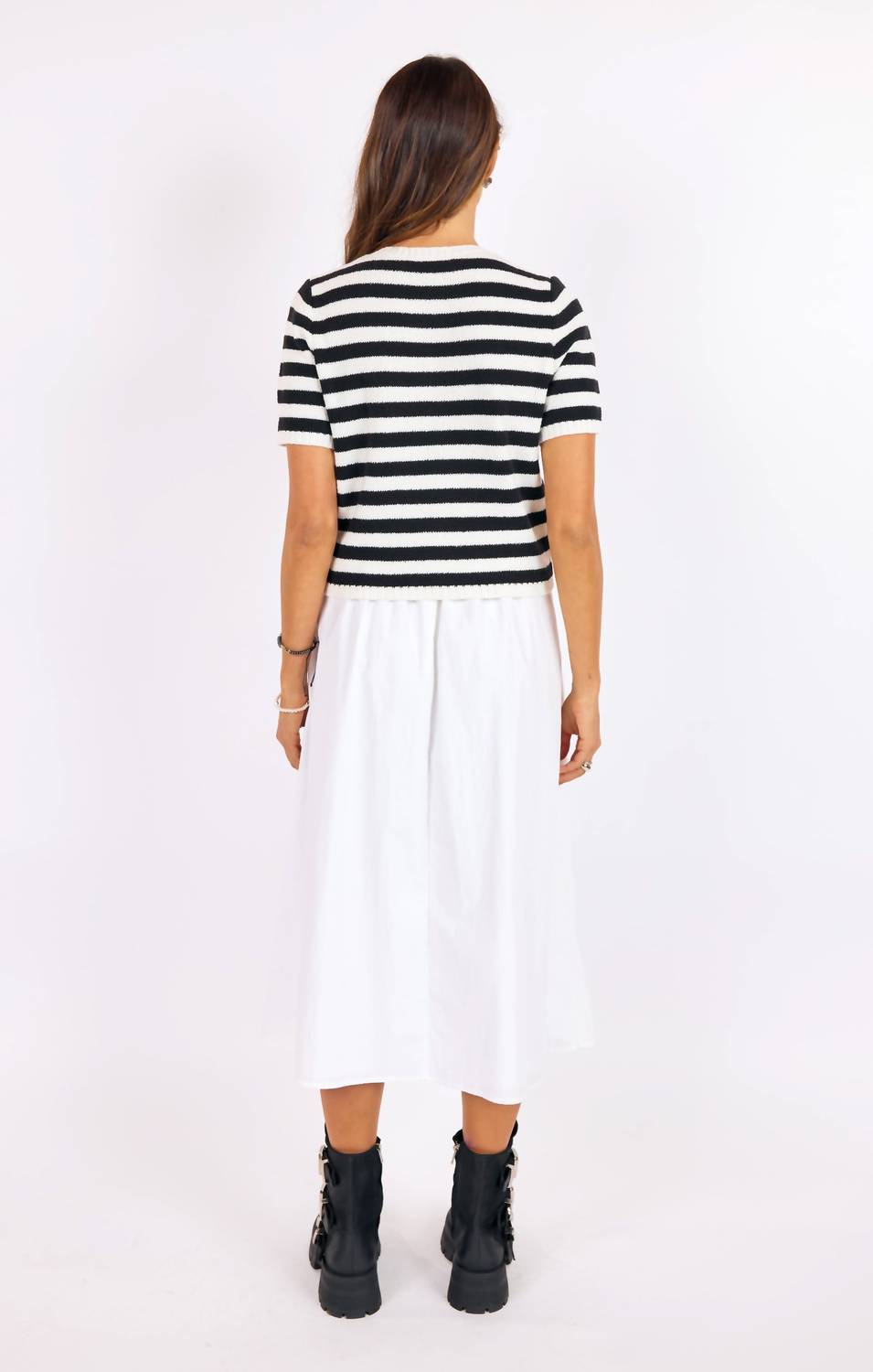 SAGE THE LABEL Daphne Stripe Button Cardigan in black ivory - women's cardigan - alternate view