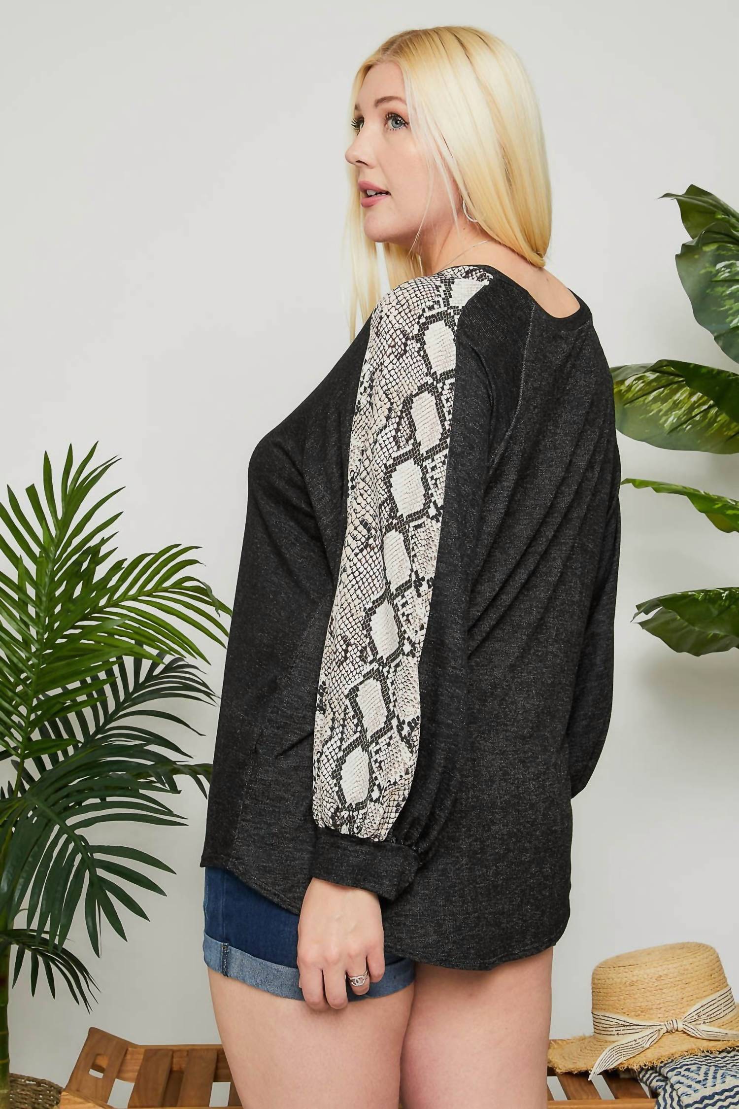 Snakeskin Long Sleeve Plus Top
