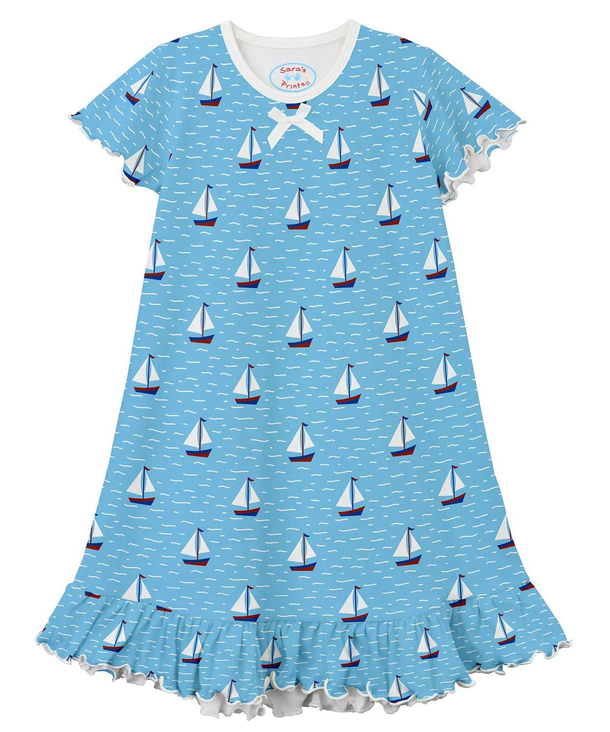 Sara'S Prints - Girl's Sailboat Ruffled Short Sleeve Gown
