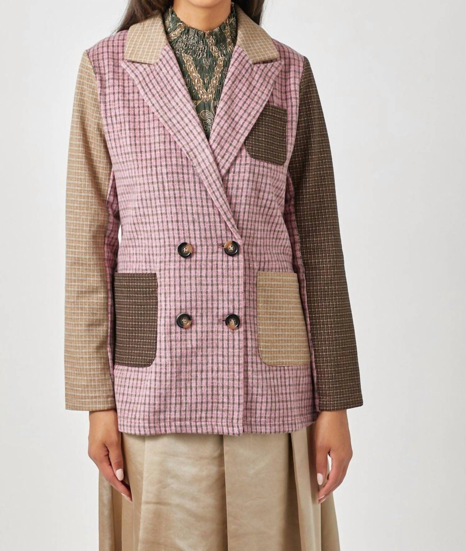 mystree Mixed Plaid Double Breast Jacket in berry mocha - women's jacket