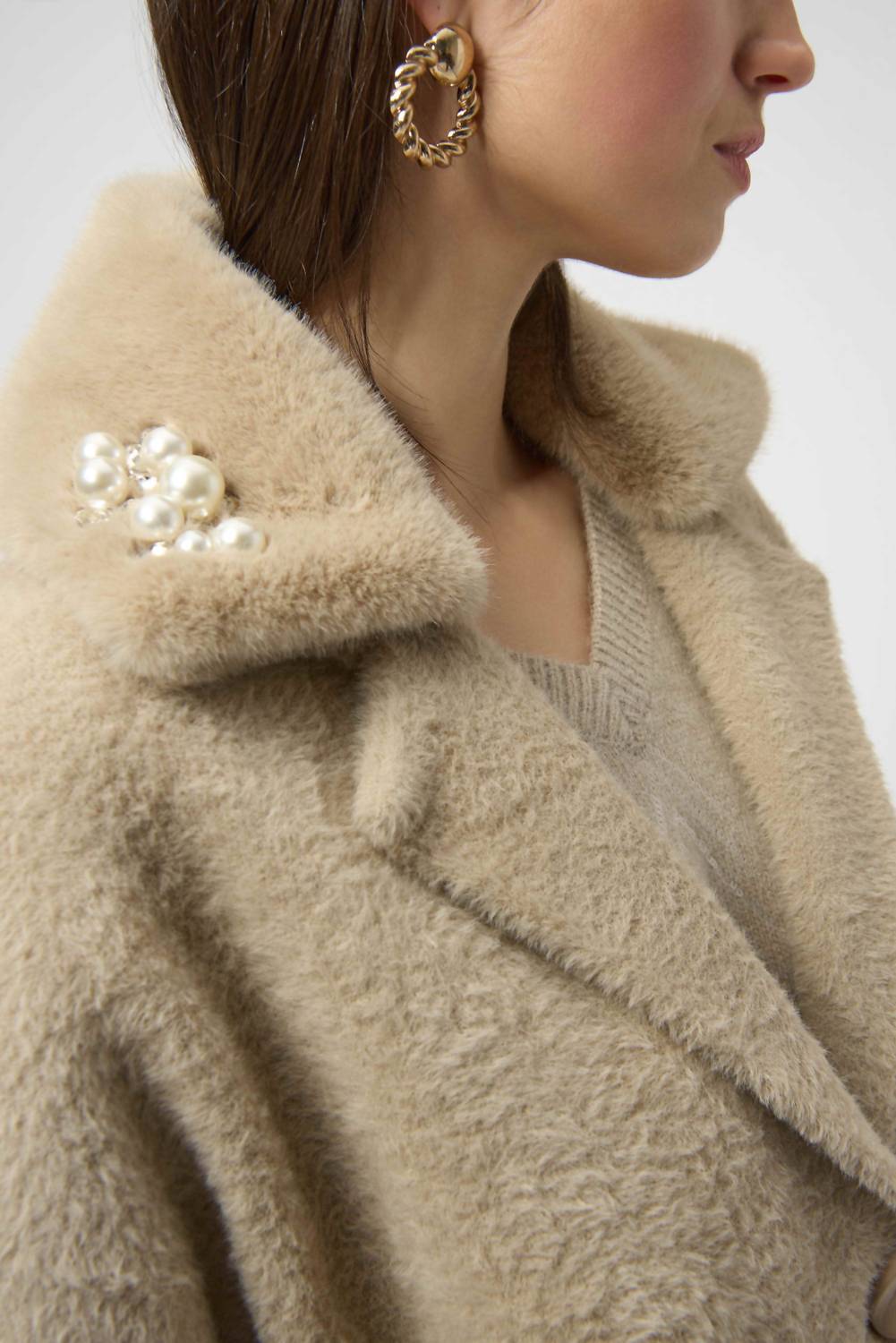 Joseph Ribkoff - Fancee Feather Yarn And Faux Fur Sweater Coat