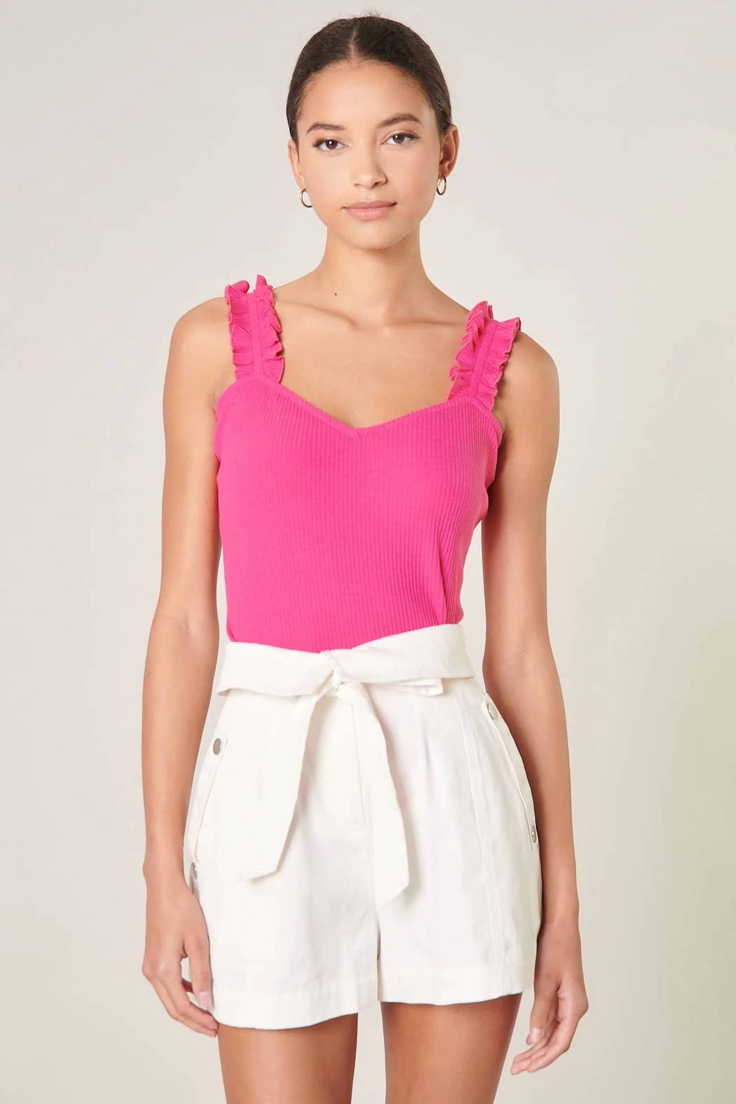 Sugarlips - Ruffle Strap Ribbed Knit Tank Top
