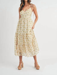 Mable - Floral Print Double Self Tie Tiered Midi Dress