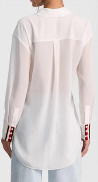 alice + olivia Dimitra Oversized Hi Lo Button Down Shirt with Trim in white - women's blouse - alternate view