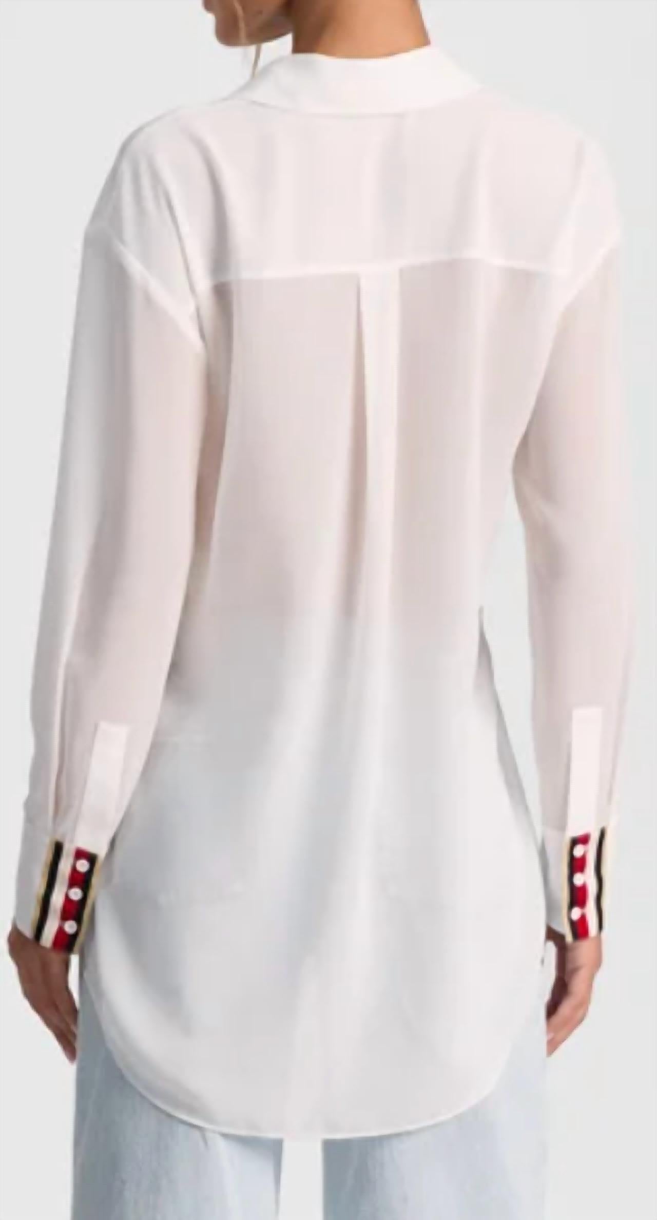 alice + olivia Dimitra Oversized Hi Lo Button Down Shirt with Trim in white - women's blouse - alternate view