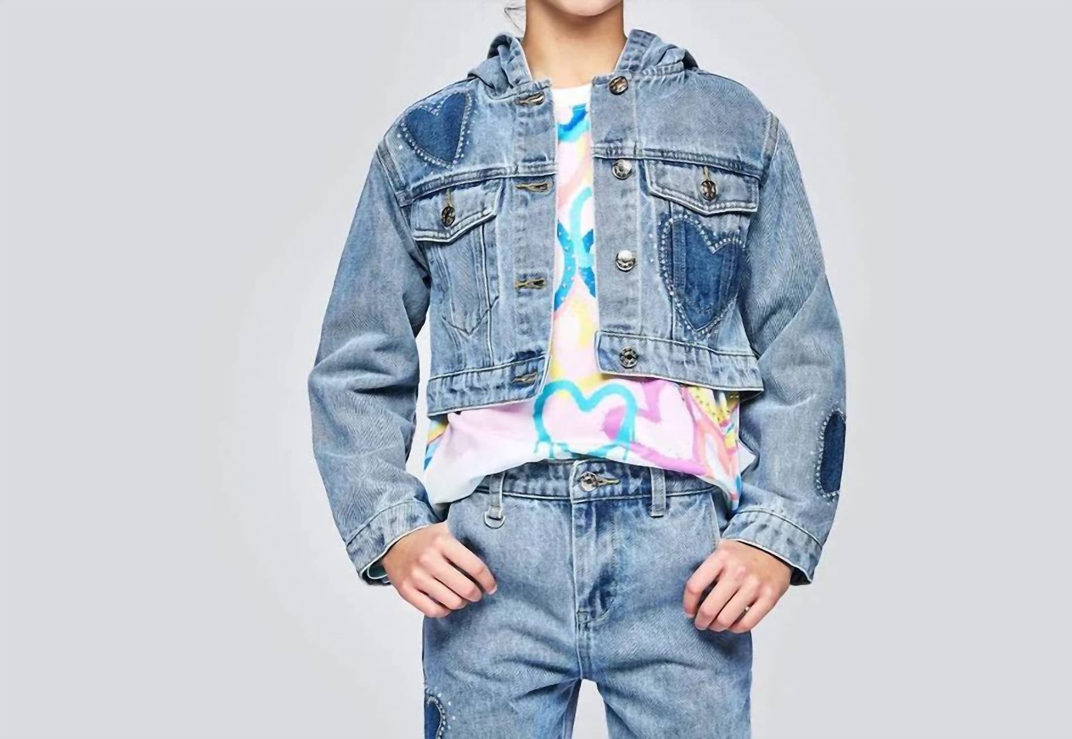 Hannah Banana Rhinestone Shadow Heart Denim Jacket in blue - kids' jacket