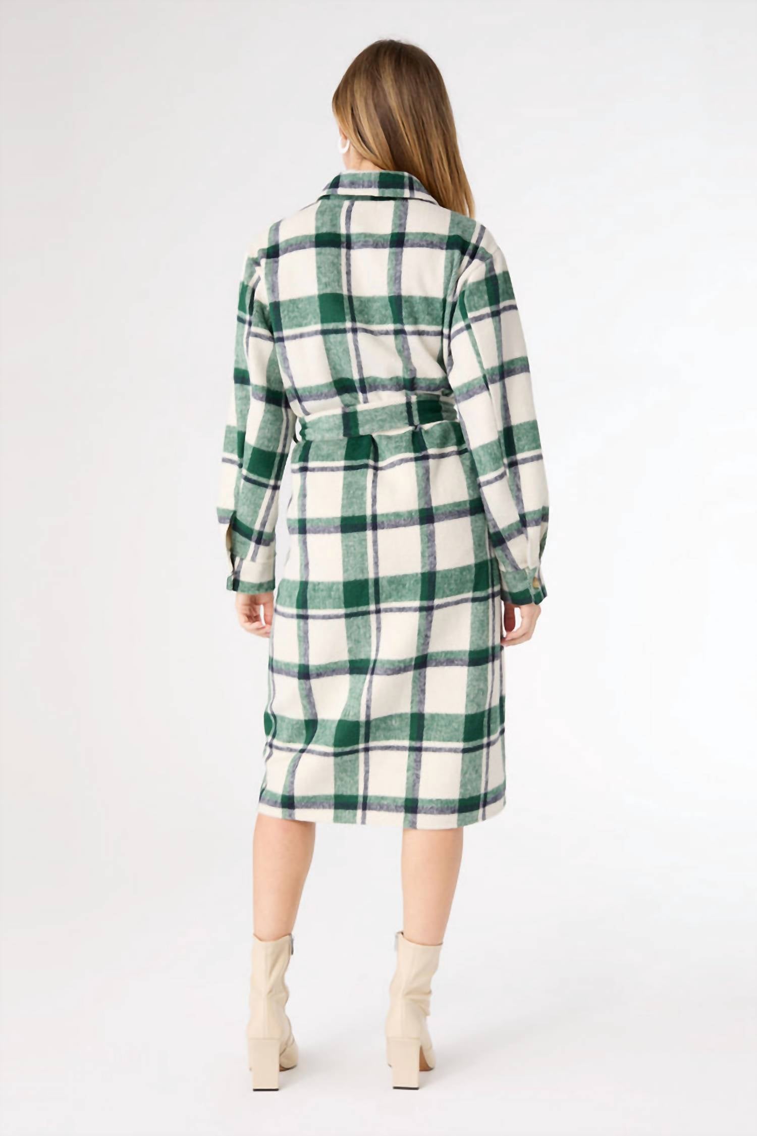 COCO + CARMEN Shelley Plaid Shacket Dress in ivory green - women's jacket - detail view