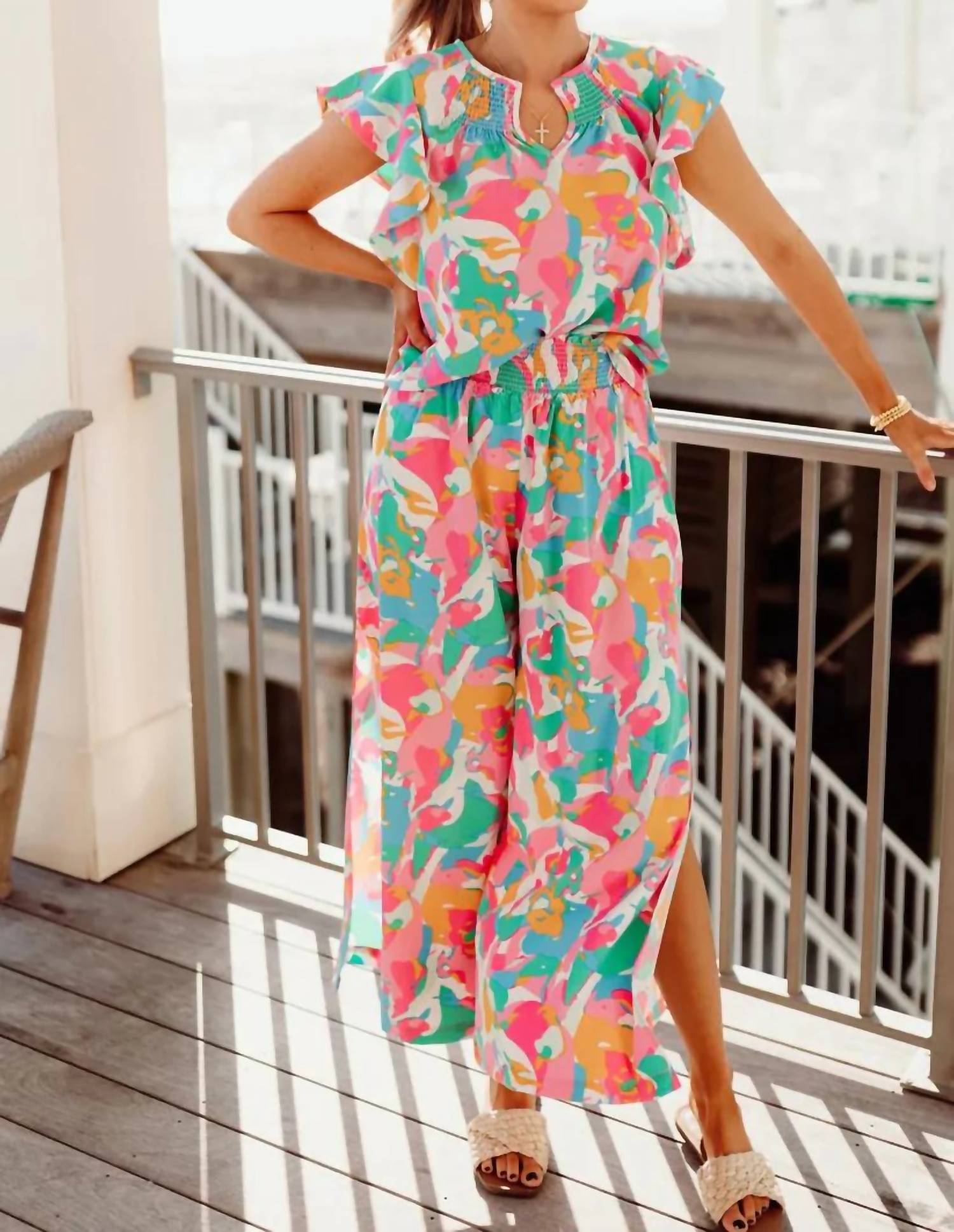 Little Daisy Closet Floral Ruffled Sleeve Top And Smocked Wide Leg Pants Set in multi - women's sleepwear - detail view