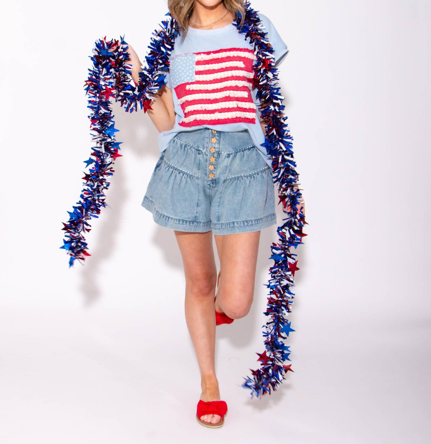 Peach Love - Petal Button Denim Tiered Shorts