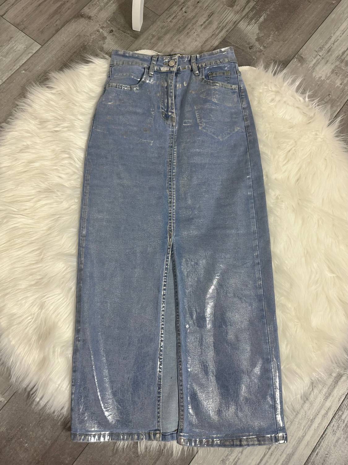 Lizette Collection - Metallic Denim Midi Skirt