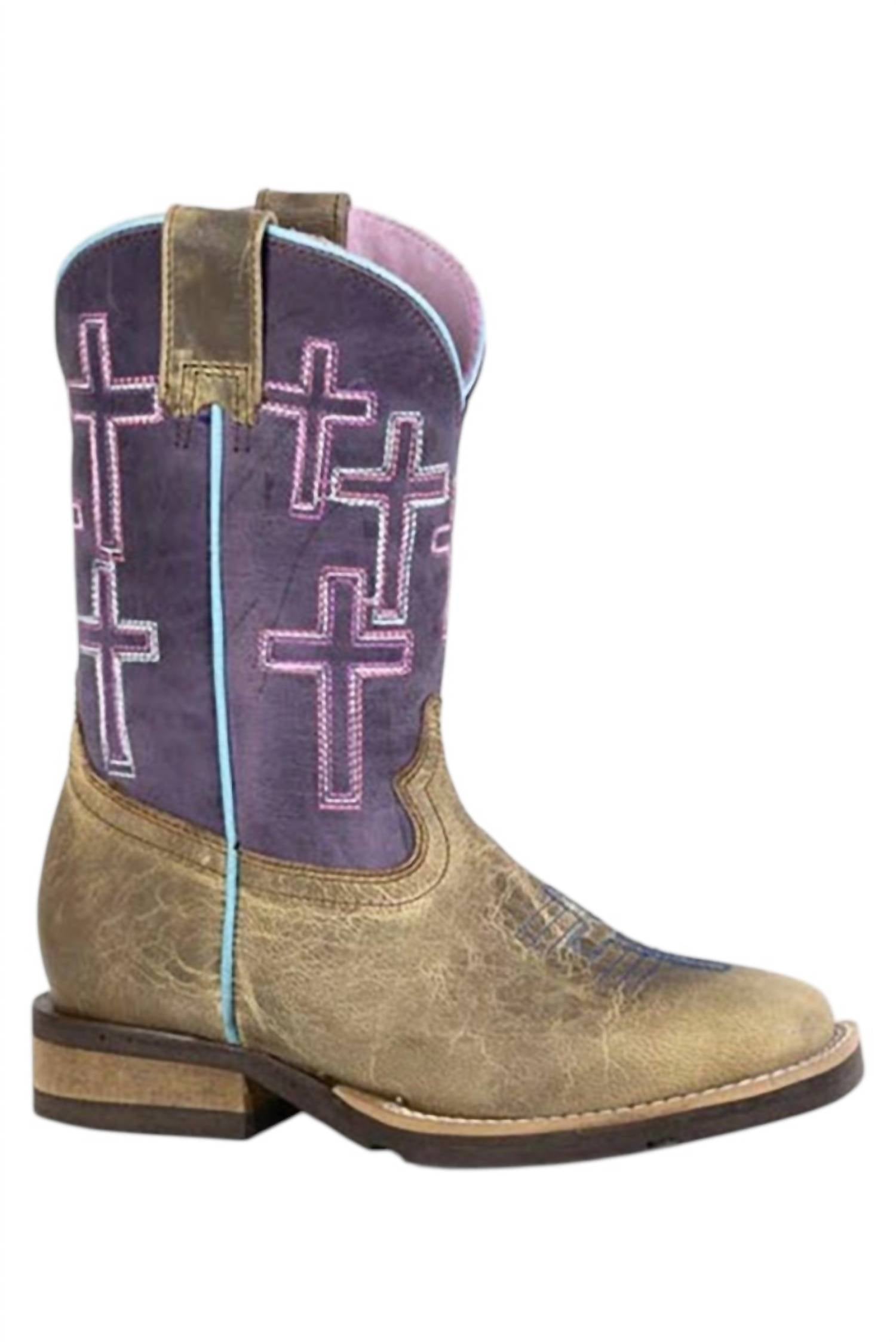 ROPER Kids Crosses Geo Sole Square Toe Cowgirl Boot in distressed tan purple - kids' boots