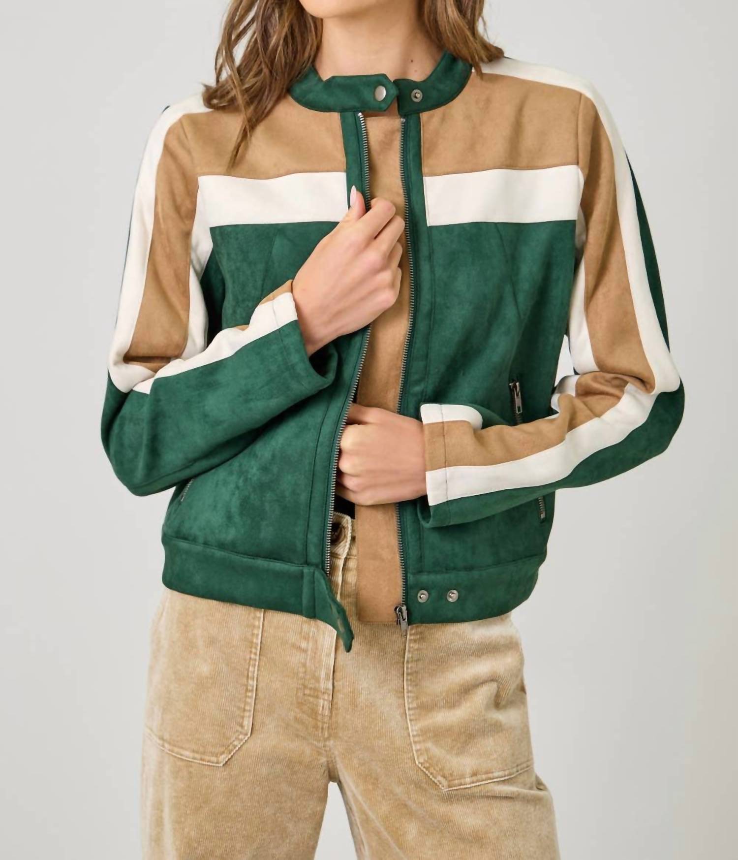 mystree Colorblock Faux Suede Racer Jacket in green mix - women's jacket - view 7