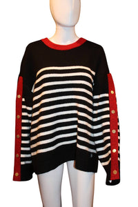 KARL LAGERFELD Women's Striped Sweater With Button Cuff Detail in black white maroon - women's sweater - view 4