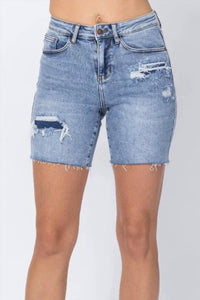 Judy Blue - Women's Ariel Denim Patch High Rise Mid Length Shorts